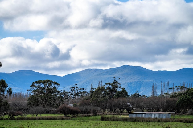 fazenda com montanhas e rio na austrália na primavera