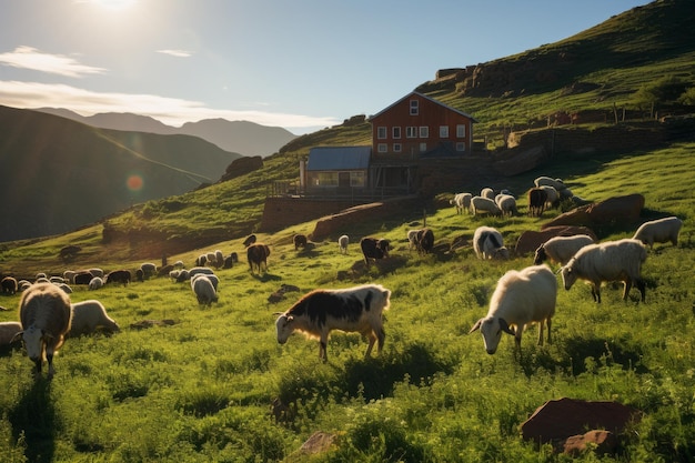 Fazenda de cabras com cabras pastando em uma colina IA gerativa