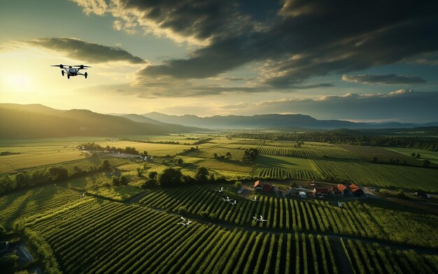 Foto fazenda de charme rural em um prado verde ao lado de campos limpos