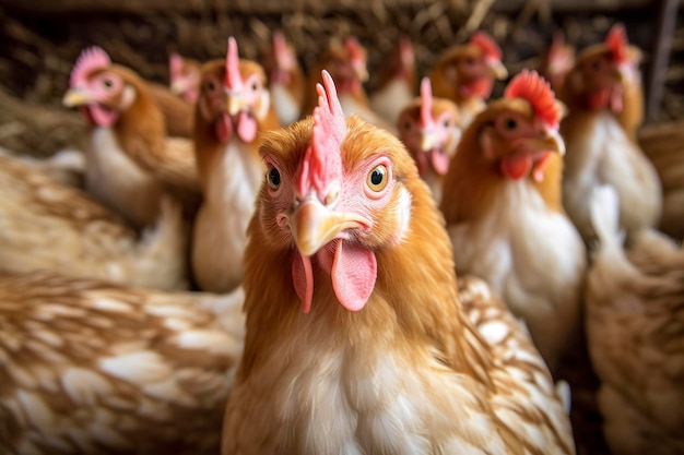 Fazenda de frangos com muitos frangos saudáveis e ovos frescos AI Generative