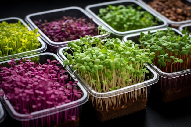 Fazenda de microgreen O microgreen em recipientes de plástico Germinação de sementes em casa IA geradora