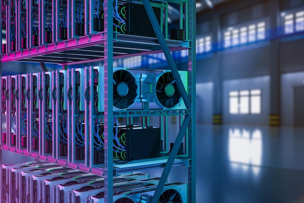 Foto fazenda de mineração criptográfica de renderização 3d com placa gráfica ou rack gpu em luz neon