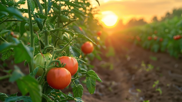 Foto fazenda de tomates ao pôr-do-sol com uma quente luz dourada lançando um brilho suave sobre as fileiras de plantas de tomate saudáveis ar 169 estilizar 250 job id e7281325dbad45c991619c9ead9bd7f7