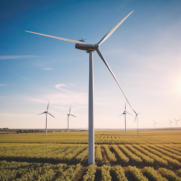 Fazenda de turbinas eólicas em um campo Energia verde renovável Gerador de energia elétrica de paisagem ensolarada para o conceito de produção de energia limpa