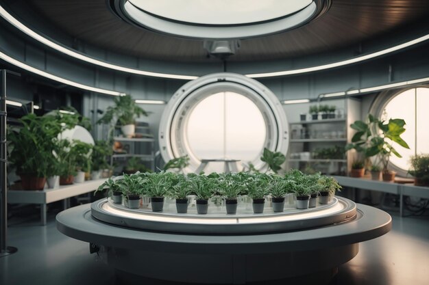 Fazenda de vegetais orgânicos fábrica de plantas hidropônicas planta futurista Sala de laboratório de hidroponia em nave espacial com pódio circular