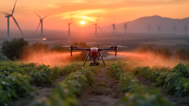 Fazenda inteligente moderna com drones Drones agrícolas voam para pulverizar fertilizante nos campos de arroz.