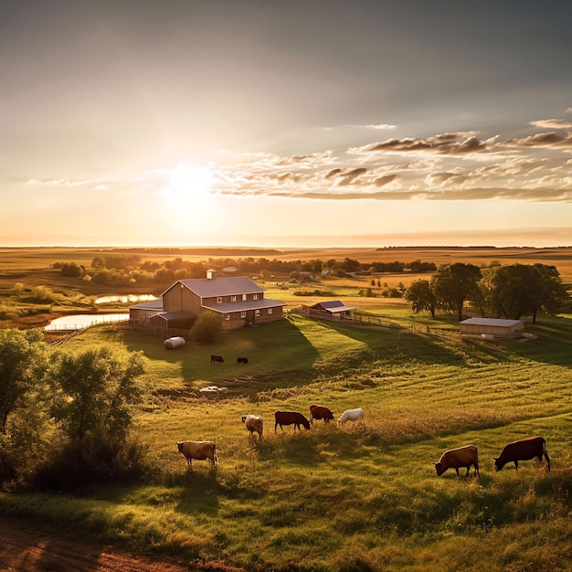 Foto fazenda regenerativa no meio de um belo pôr-do-sol