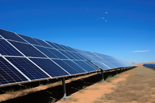 Fazenda solar com fileiras de painéis solares e céu azul claro ao fundo criado com generative ai