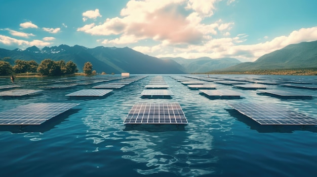 Fazenda solar flutuante em um lago sereno aproveitando a energia solar e minimizando o uso da terra Conceito de energia limpa Generative Ai