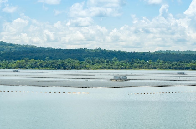 Fazenda solar flutuante ou fotovoltaica flutuante Energia solar Paisagem de painéis solares água flutuante