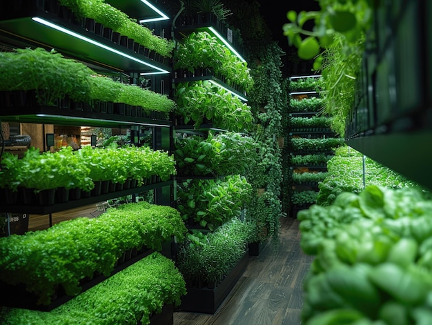 Foto fazenda vertical dentro de um edifício da cidade com camadas de plantas verdes exuberantes crescendo sob luzes led