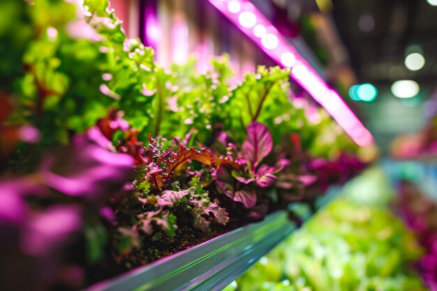 Fazenda vertical que cultiva culturas em ambientes fechados usando luzes LED e hidropônica