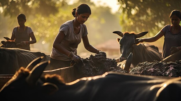 Fazendeira a limpar no celeiro entre as vacas no estábulo.