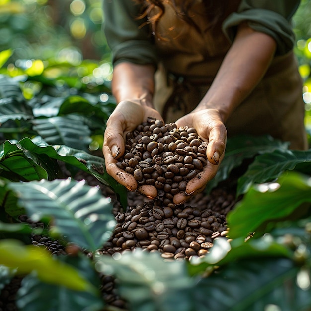 Foto fazendeira colhendo manualmente grãos de café frescos da planta de café