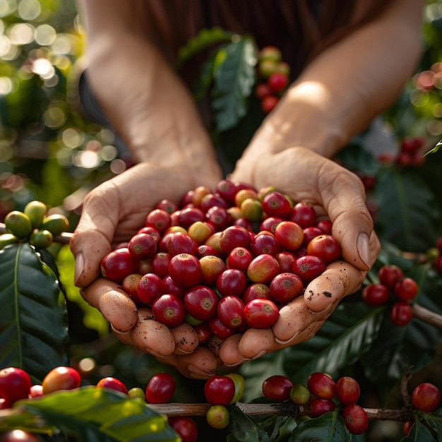 Foto fazendeira colhendo manualmente grãos de café frescos da planta de café