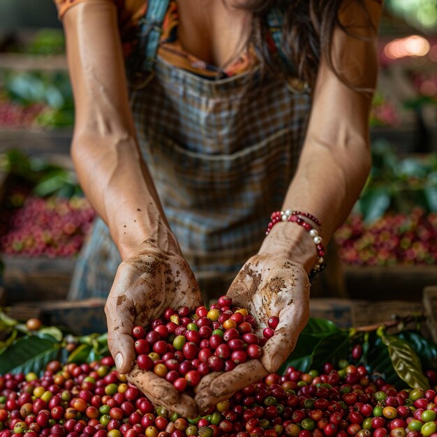 Foto fazendeira colhendo manualmente grãos de café frescos da planta de café