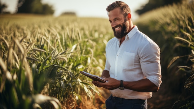 Fazendeiro de terno com um tablet no campo