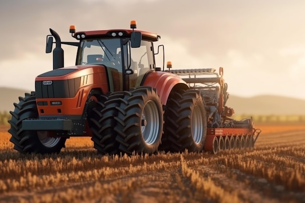 Fazendeiro em trator preparando terra com cultivador de canteiro ao pôr do sol no campo generativo ai