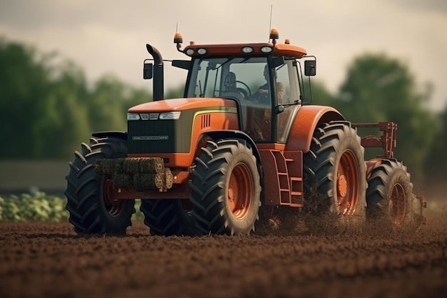 Fazendeiro em trator preparando terra com cultivador de canteiro ao pôr do sol no campo generativo ai