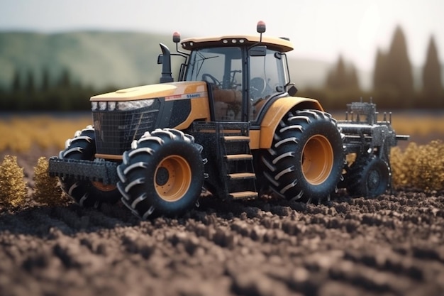 Fazendeiro em trator preparando terra com cultivador de canteiro ao pôr do sol no campo generativo ai