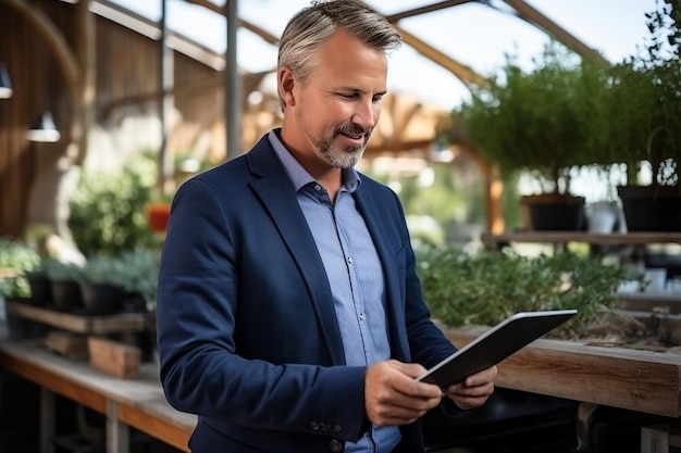 fazendeiro empresário caucasiano usando tablet em estufa para gestão agrícola moderna