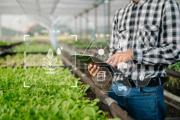 Fazendeiro inteligente usando aplicativo por conceitos de tablet tecnologia agrícola moderna e ícone visualAgricultura inteligente