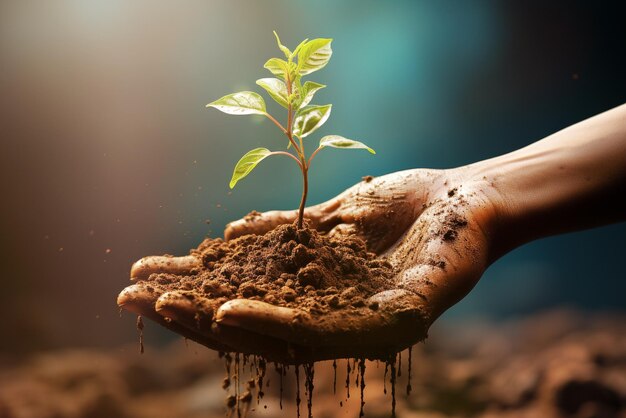 Fazendeiro plantando uma pequena árvore na primavera brotando da conversa sobre o ambiente do solo