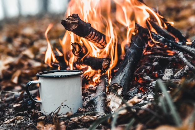 Fazendo café na fogueira. faça café ou chá no fogo da natureza. fogo queimado. um lugar para o fogo.