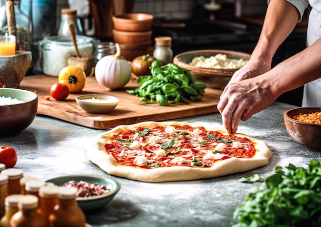 Fazendo pizza com tomate mussarela e manjericão em cima da mesa