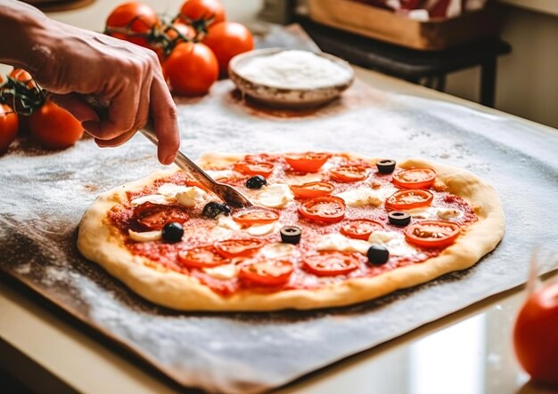 Fazendo pizza com tomate mussarela e manjericão em cima da mesa