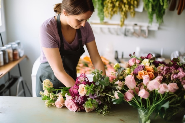 Fazendo um buquê de uma série de flores frescas