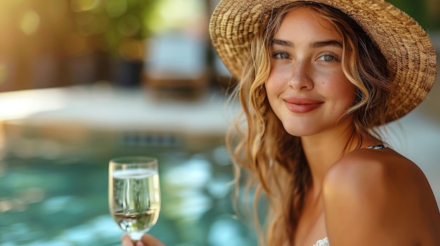 Fazendo uma pausa na piscina uma garota com um chapéu bebe champanhe