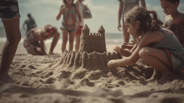 Fazer castelos de areia feitos por crianças