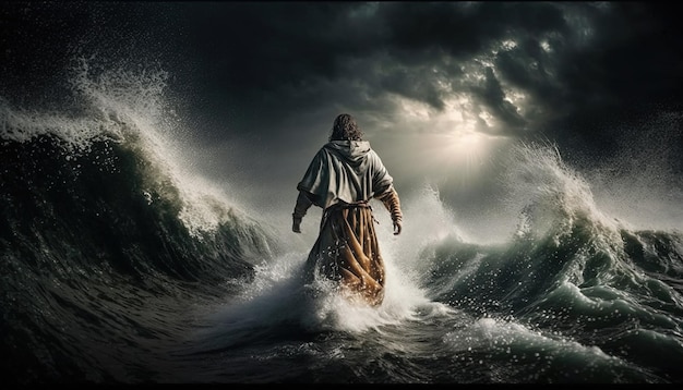 Fé na tempestade Jesus andando sobre a água em meio ao vento e ondas IA generativa