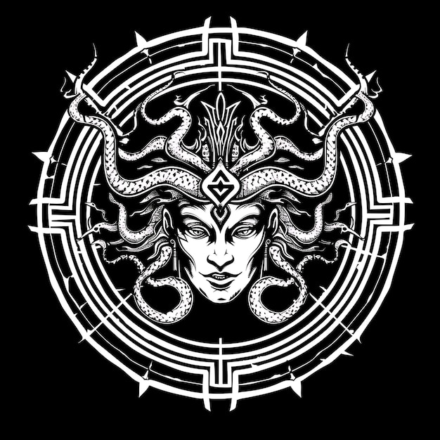 Fearsome Gorgon Syndicate Crest Logo mit einem Gorgonenkopf Sur Creative Logo Design Tattoo Outline