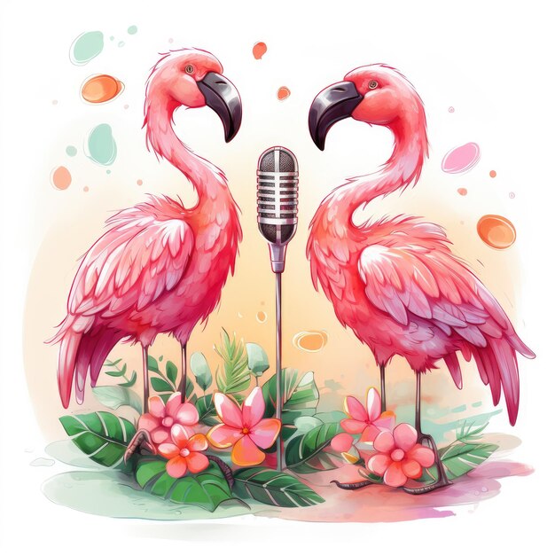 Feathery Serenade Ein melodisches Flamingo-Duo, illustriert im Cartoon-Stil auf einem knackigen weißen Rücken
