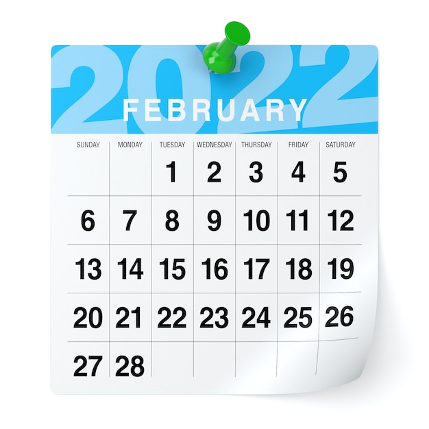 Febrero de 2022 - calendario. Aislado sobre fondo blanco. Ilustración 3D