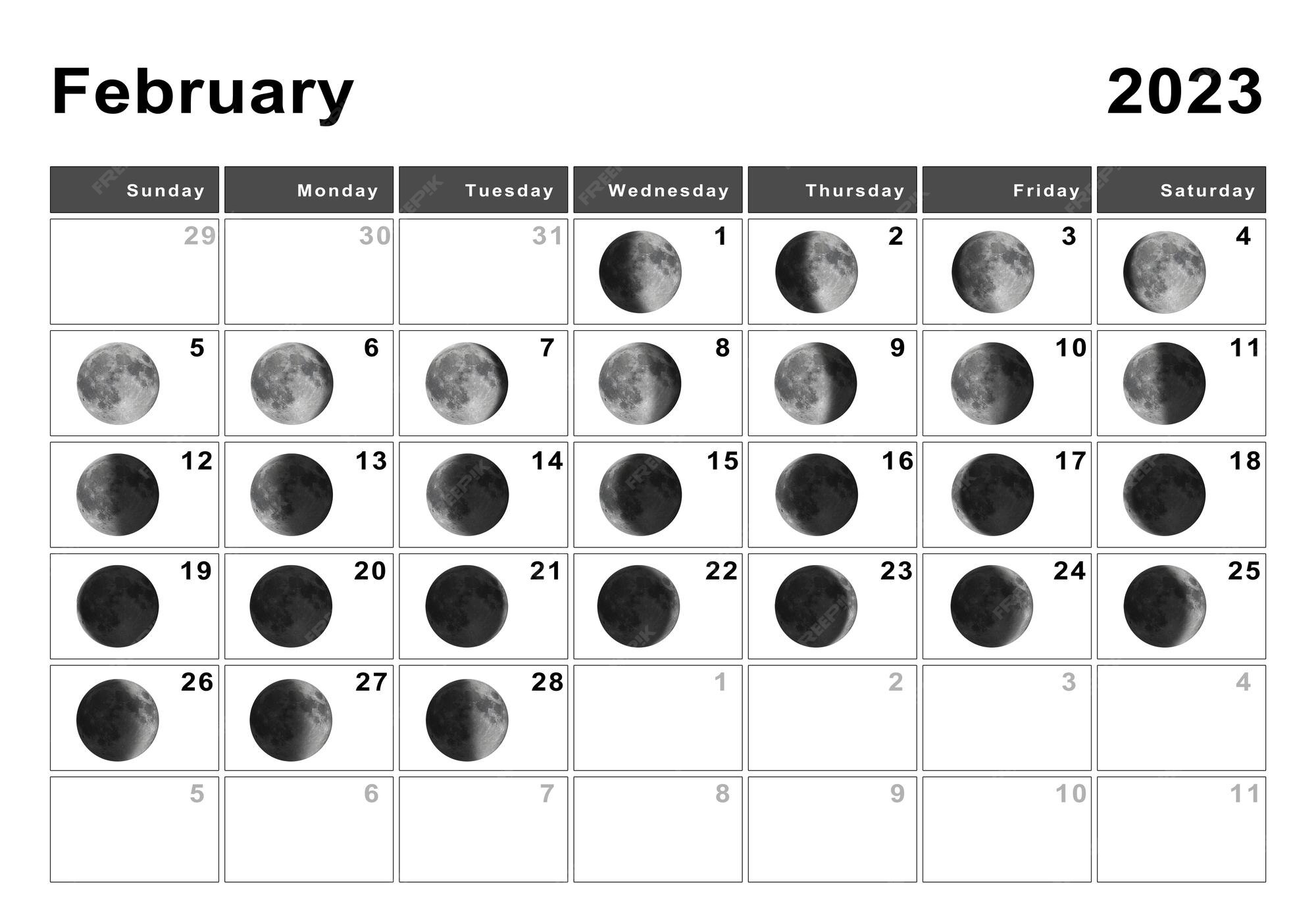 Febrero 2023 calendario lunar, ciclos lunares, fases lunares Foto Premium