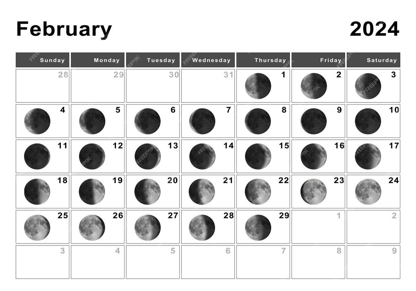 Febrero 2024 calendario lunar, ciclos lunares, fases lunares Foto Premium