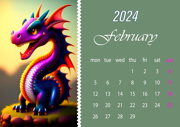 Foto februarydragoncalendario vectorial europeo simple de 2024 años