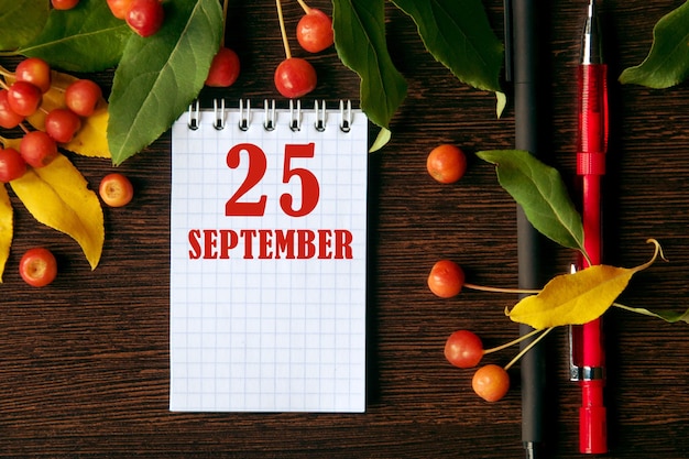 fecha del calendario sobre fondo de escritorio oscuro de madera con hojas de otoño y manzanas pequeñas el 25 de septiembre es el vigésimo quinto día del mes