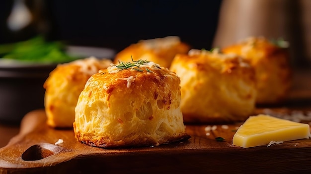 Foto fecha o pão e o bolinho de queijo com queijo ralado no forno na mesa.