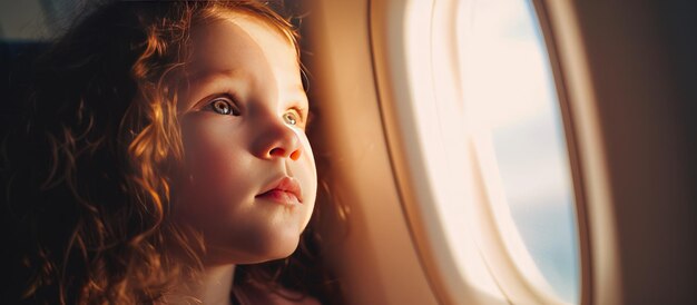 Fecha uma menina em um avião olhando para o céu pela janela do avião imagem gerada por IA