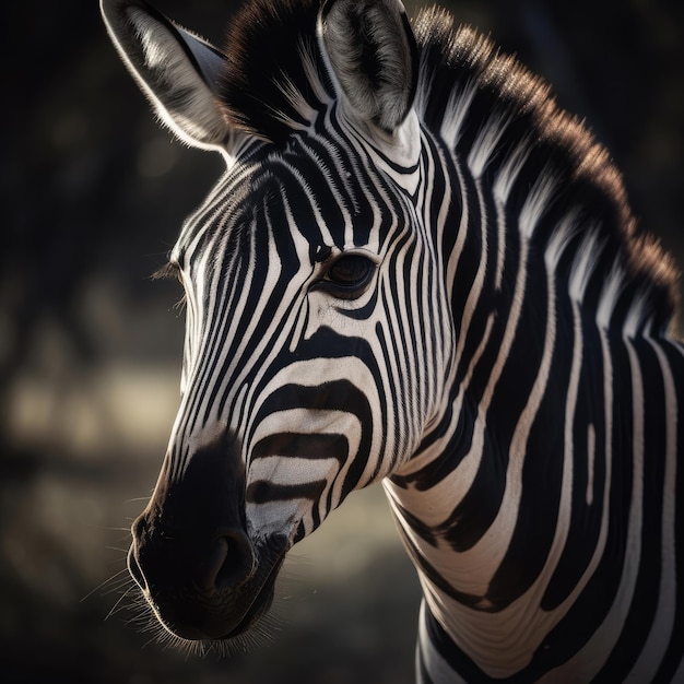 Fechamento cinematográfico da zebra de uma zebra com fundo escuro