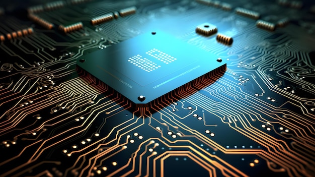 Fechamento de alta resolução de um chip de computador em uma placa de circuito impresso para tecnologia e eletr