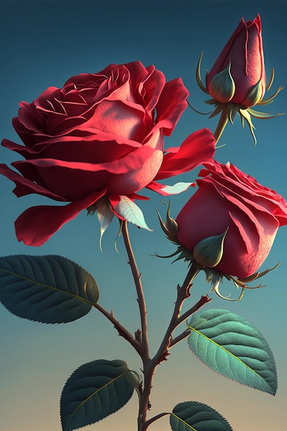 Fechamento de duas rosas vermelhas com folhas verdes generativas ai
