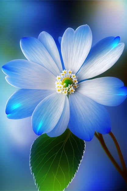 Fechamento de uma flor azul com folhas verdes generativas ai