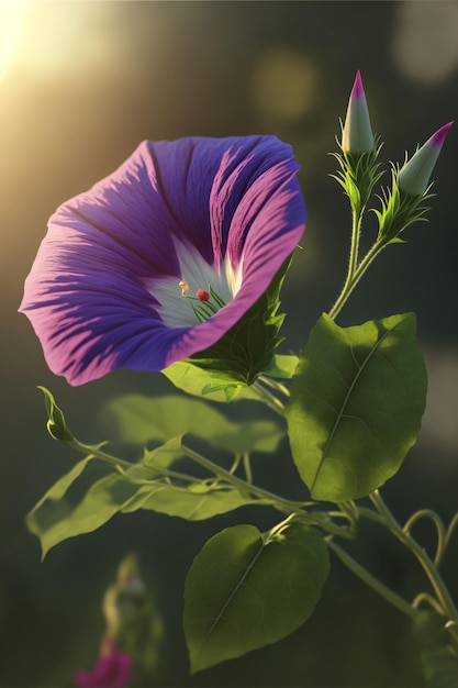 Fechamento de uma flor roxa com folhas verdes generativas ai