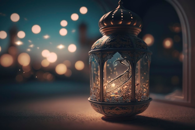 Fechamento de uma lanterna com uma vela acesa dentro, nuances islâmicas do Ramadã Kareem