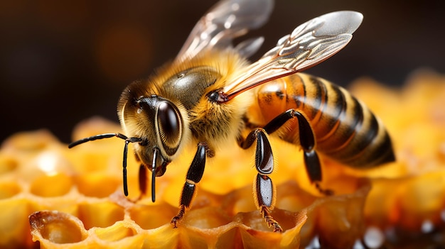 Fechar a abelha no favo de mel em amarelo